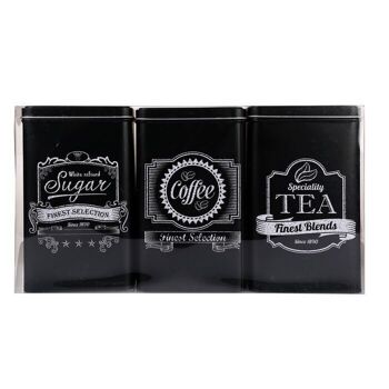 Boîte métallique rectangulaire noire, café, thé & 4