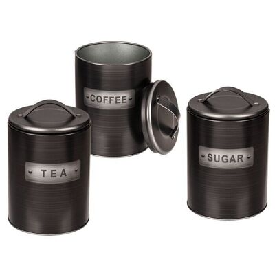Black, round metal tin, coffee, tea &