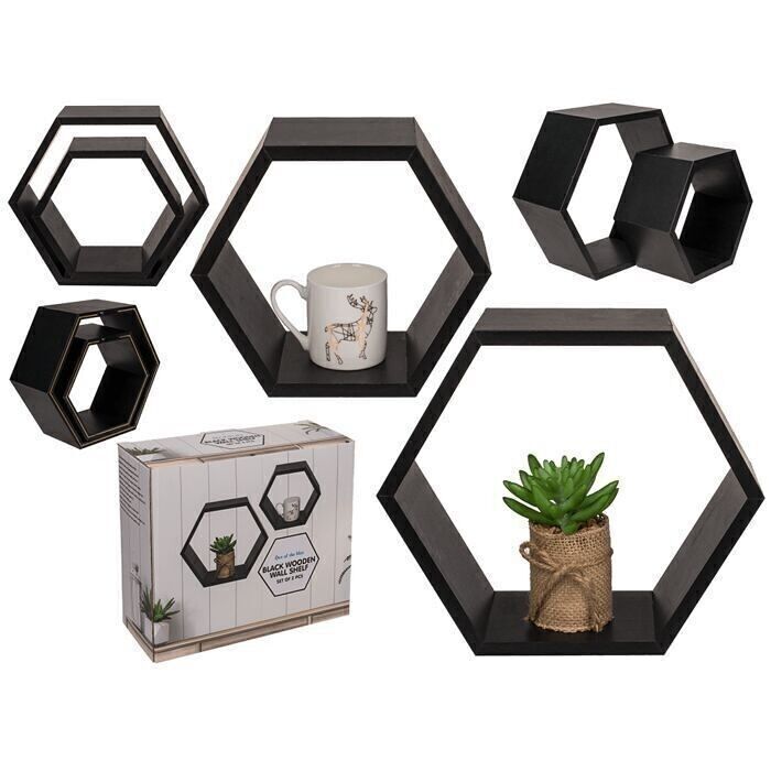 Schwarzes Wandregal, 6-eckig, 2er Set