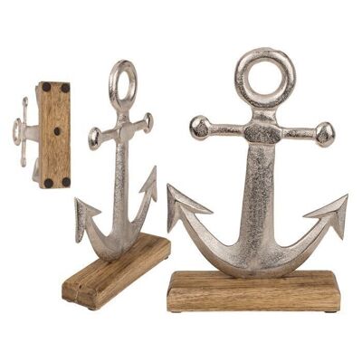 Silver-colored metal anchor, on a wooden base,