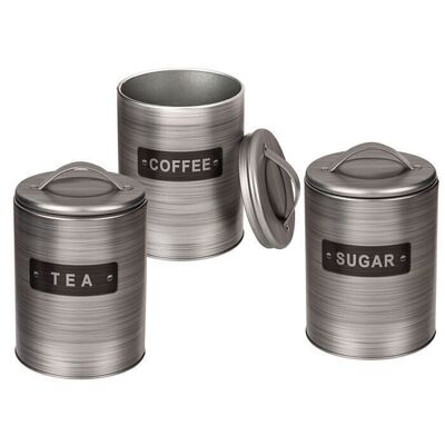 Silver-colored, round metal tin, coffee, tea &