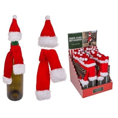 Copri bottiglia in tessuto, cappello e sciarpa da Babbo Natale,