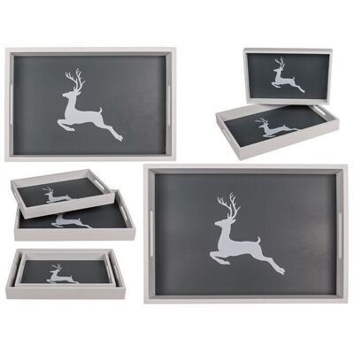 White/grey wooden tray, deer, set of 2,