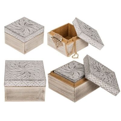 Caja de madera blanca con decoración plateada,