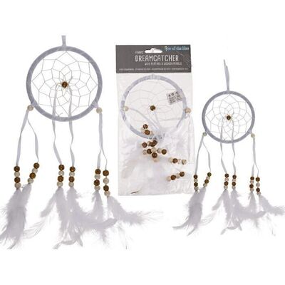 White fabric dream catcher with feathers & wooden beads,