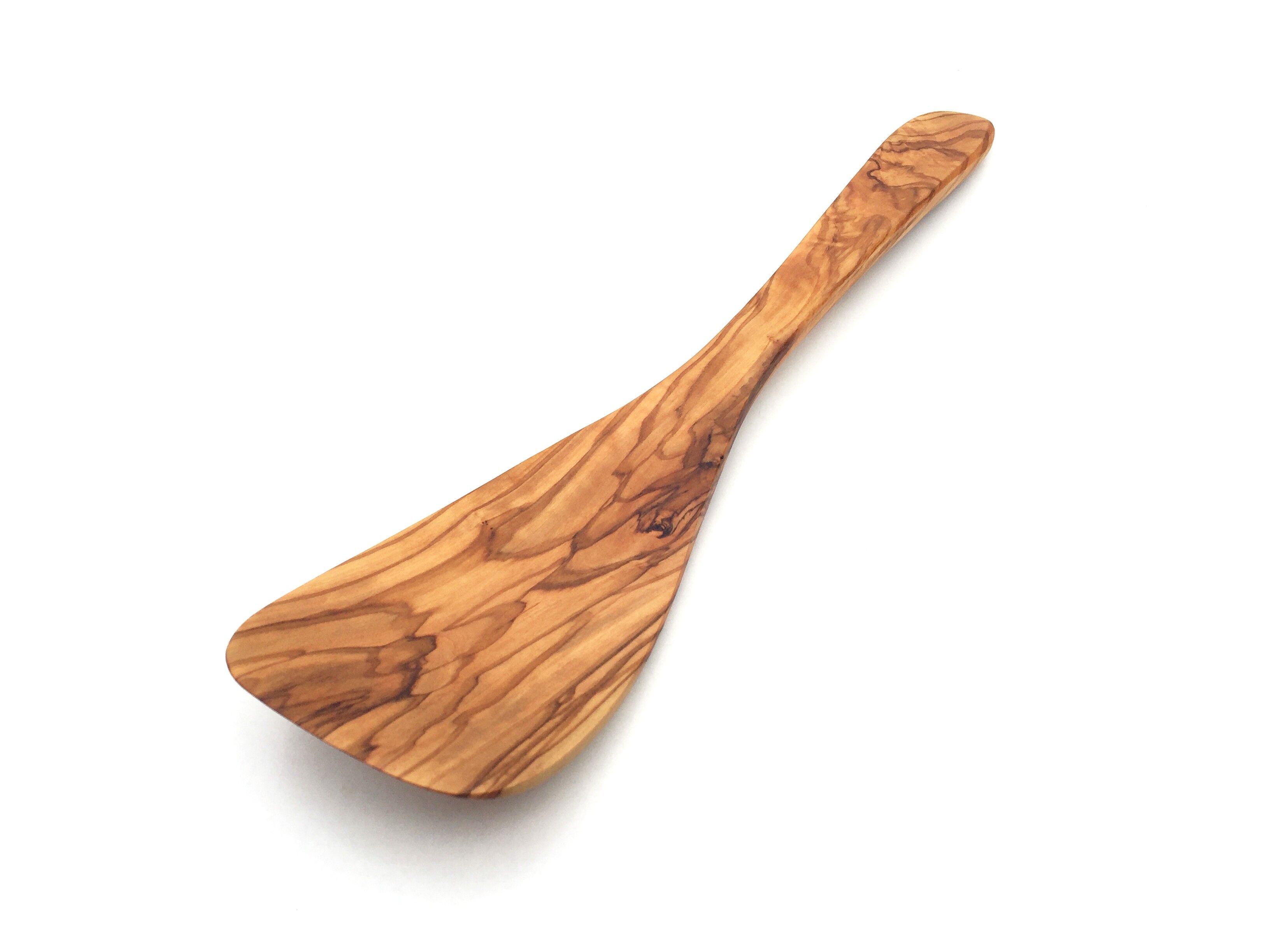 Espátula L. 30 cm curvada hecha a mano en madera de olivo