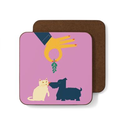 Mistletoe Cat Dog Christmas Coaster