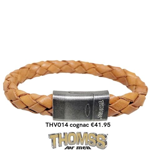 Thomss armband met vintage look edelstalen sluiting, cognac leren vlecht