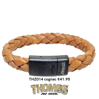 Bracelet Thomss avec fermoir en acier inoxydable noir mat, tresse en cuir cognac
