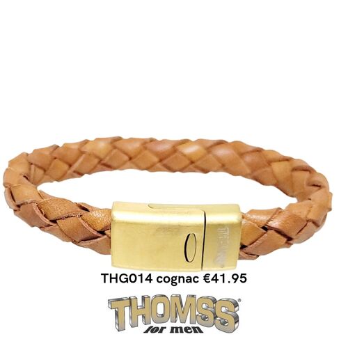 Thomss armband met mat gouden edelstalen sluiting, cognac leren vlecht