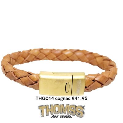 Thomss-Armband mit mattgoldener Edelstahlschließe, cognacfarbenes Ledergeflecht
