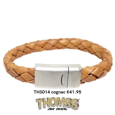 Bracelet Thomss avec fermoir en acier inoxydable argenté mat, tresse en cuir cognac