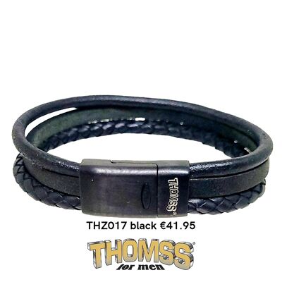 Thomss-Armband mit mattschwarzer Edelstahlschließe, mehrere Lederbänder