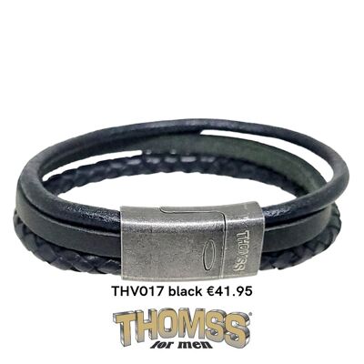 Thomss bracelet with matte Vintage stainless steel clasp, multiple leather straps