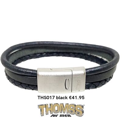 Thomss bracelet with matte silver stainless steel clasp, multiple leather straps