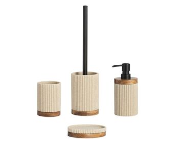 Distributeur de salle de bain en résine beige et bois 2