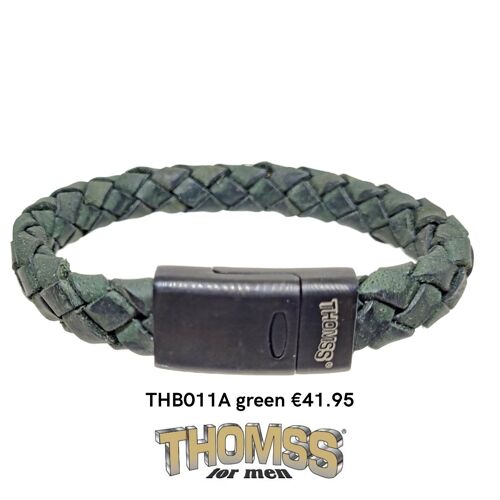 Thomss armband, groene leren vlecht met mat zwart edelstalen sluiting