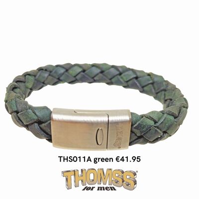 Thomass bracelet with matte stainless steel clasp and green leather braid