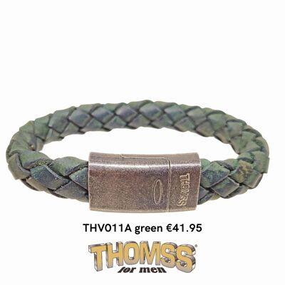 Bracelet Thomss avec fermoir vintage en acier inoxydable et tresse en cuir vert