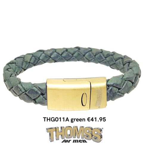 Thomss armband, groene leren vlecht met mat gouden edelstalen sluiting