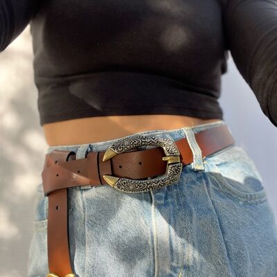 Handmade Brown Leather Belt Women, Boho Belt Buckles Bronze, Bohmian Belt, Gift for Her, Made from Real Genuine Leather - Wild Horse