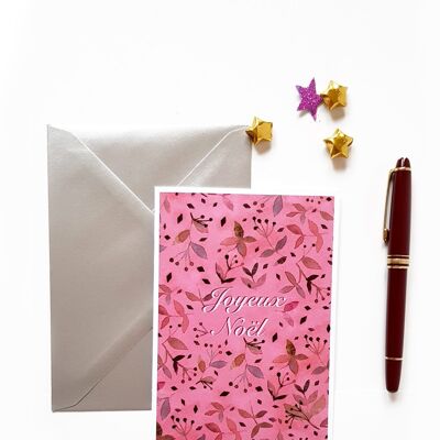 DOUBLE GREETING CARD MERRY CHRISTMAS BOTANICAL PINK WATERCOLOR BACKGROUND