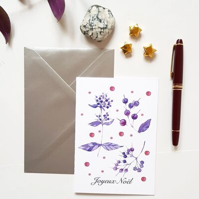 DOUBLE MERRY CHRISTMAS BOTANICAL PURPLE BERRIES GREETING CARD