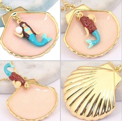 Mermaid Pearl hand-painted enamel Necklace with shell