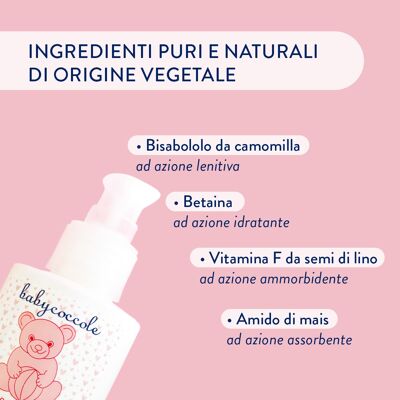 LIQUID TALC REFRESHES AND Dries WITHOUT DUST. Non-talc talc with Corn Starch and pure and natural ingredients of vegetable origin. For newborn and baby. Dermatologically tested, for sensitive skin. Made in Italy