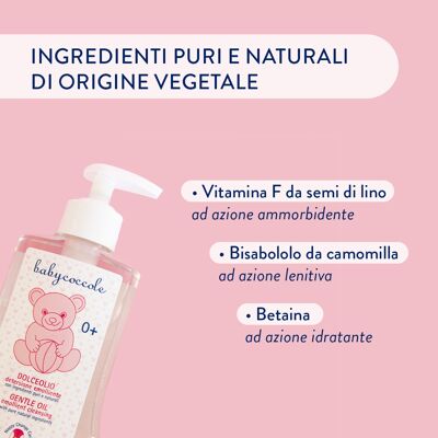DOLCE SOFTENING CLEANSING OIL IN NEWBORN AND CHILDREN with Almond Oil and Vitamin F. Pure and natural ingredients, of vegetable origin. Dermatologically tested, for sensitive skin. Made in Italy