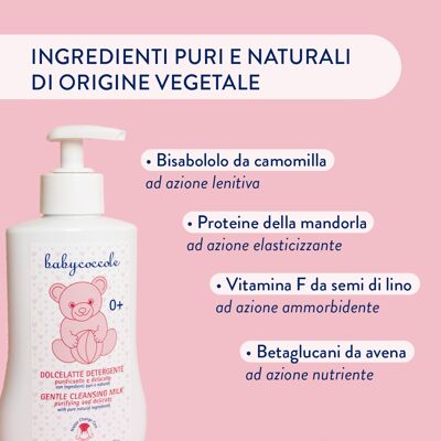 PURIFYING AND DELICATE CLEANSING DOLCELATTE FOR CHILDREN with Escin, Beta-glucans and Almond Proteins. Pure and natural ingredients of plant origin. Dermatologically tested, for sensitive skin. Made in Italy