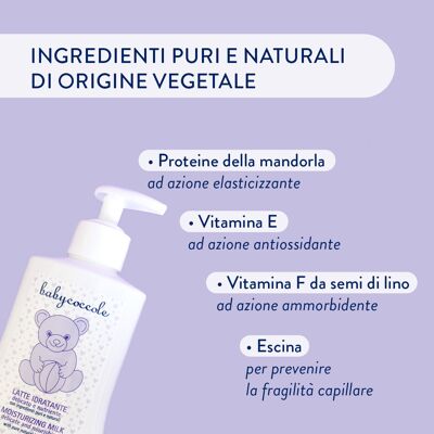 LECHE HIDRATANTE PARA NIÑOS DELICADA Y NUTRITIVA con ingredientes puros y naturales de origen vegetal. Con Escina, Betaglucanos y Proteínas de Almendra. Testado dermatológicamente, para pieles sensibles. Hecho en Italia.