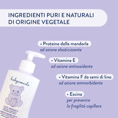 DELICATE AND NOURISHING MOISTURIZING MILK FOR BABY with Escin, Beta-glucans and Almond Proteins. Pure and natural ingredients of plant origin. Dermatologically tested, for sensitive skin. Made in Italy.