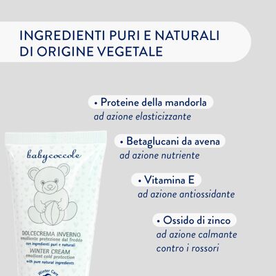 SWEET EMOLLIENT WINTER CREAM PROTECTION FROM THE COLD FOR CHILDREN with Oat Beta-glucans and Vitamins. Pure and natural ingredients, of vegetable origin. Dermatologically tested, for sensitive skin. Made in Italy