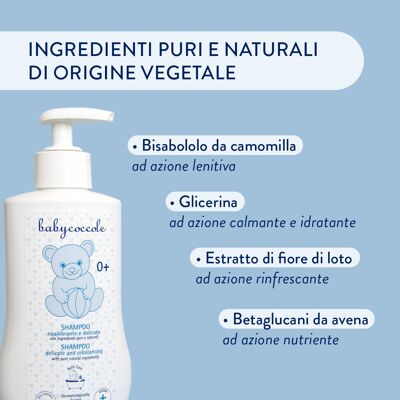 CHAMPÚ NIÑOS EQUILIBRANTE Y SUAVE con extractos de Flor de Loto e ingredientes puros y naturales de origen vegetal. Testado dermatológicamente, para pieles sensibles. Hecho en Italia