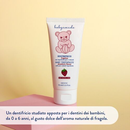 DENTINIFRICIO FRAGOLOSO Dentifricio bambini da 0 a 6 anni con Calcio, Vitamine e aroma naturale di Fragola. Ingredienti puri e naturali di origine vegetale. Made in Italy.