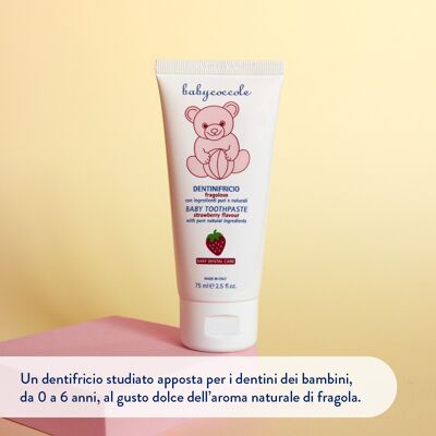 STRAWBERRY TOOTHPASTE Toothpaste for children from 0 to 6 years with Calcium, Vitamins and natural Strawberry flavour. Pure and natural ingredients of plant origin. Made in Italy.