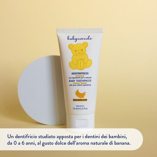 DENTINIFRICIO BANANOSO Dentifricio bambini da 0 a 6 anni con Calcio, Vitamine e aroma naturale di Banana. Ingredienti puri e naturali di origine vegetale. Made in Italy