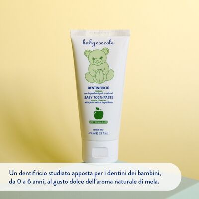 MELOSO TOOTHPASTE Toothpaste for children from 0 to 6 years with Calcium, Vitamins and natural Apple flavour. Pure and natural ingredients of plant origin. Made in Italy