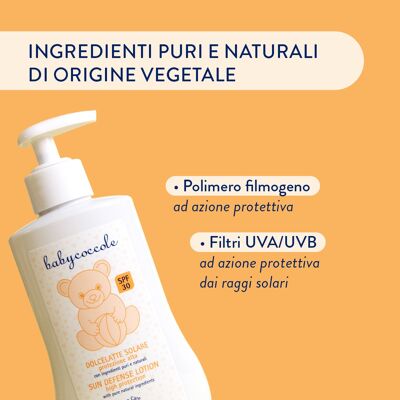 LAIT SOLAIRE DOUX POUR ENFANTS HAUTE PROTECTION SPF30 aux ingrédients purs et naturels d'origine végétale. Testé dermatologiquement, pour peaux sensibles. Fabriqué en Italie