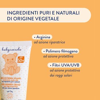 CRÈME SOLAIRE DOUCE POUR ENFANTS TRÈS HAUTE PROTECTION SPF50 aux ingrédients purs et naturels d'origine végétale. Testé dermatologiquement, pour peaux sensibles. Fabriqué en Italie 1