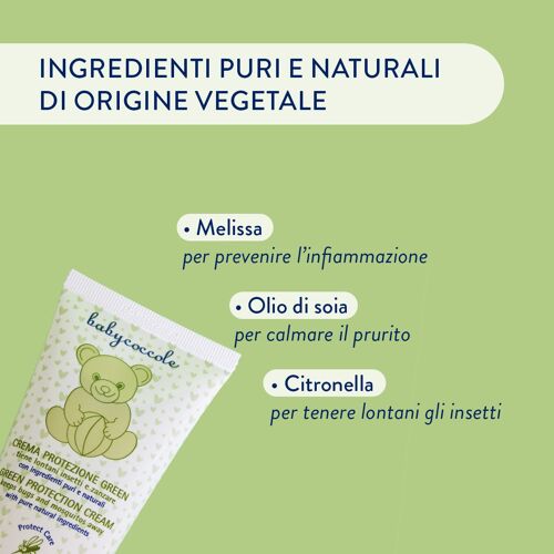 CREMA PROTEZIONE INSETTI GREEN Repellente anti zanzare bambini con Citronella, Geranio e Melissa, ingredienti puri e naturali di origine vegetale. Dermatologicamente testato, per pelli sensibili. Made in Italy