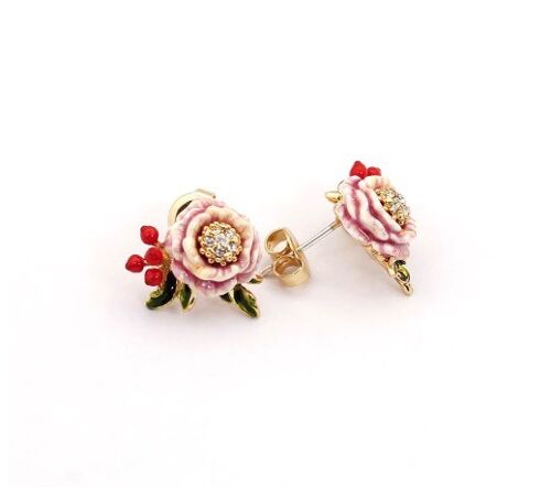 Pink Flower 925 Silver Needle Earrings with red fruit