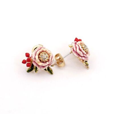 Pink Flower 925 Silver Needle Earrings with red fruit