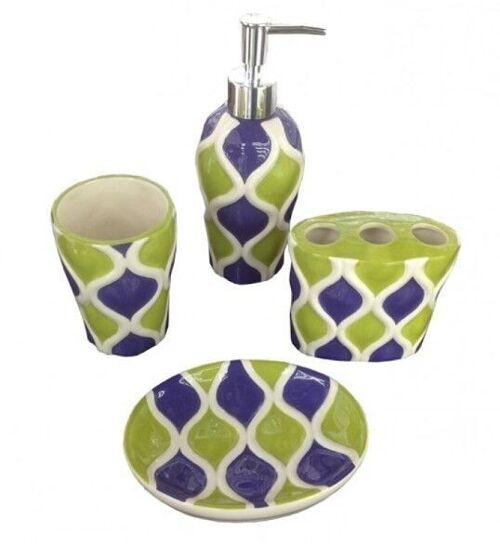 Set of 4 ceramic bath accessories in green/blue/white