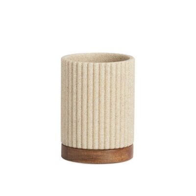 Wood and beige resin bathroom toothbrush holder