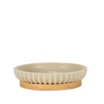 Modern bathroom soap dish made of wood and beige resin