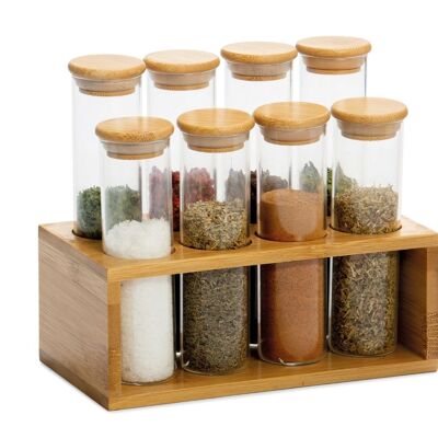 Spice rack with 8 modern bamboo cans