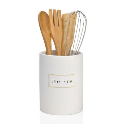 White ceramic kitchen utensil holder
