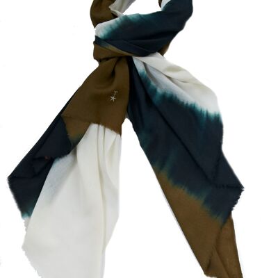 Super Fine 100% Cashmere Scarf - White, Green and Taupe Tie Dye (SKU0003-1)